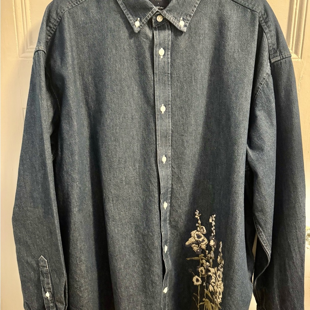 GAP Men's Blue Denim Shirt with Floral Design